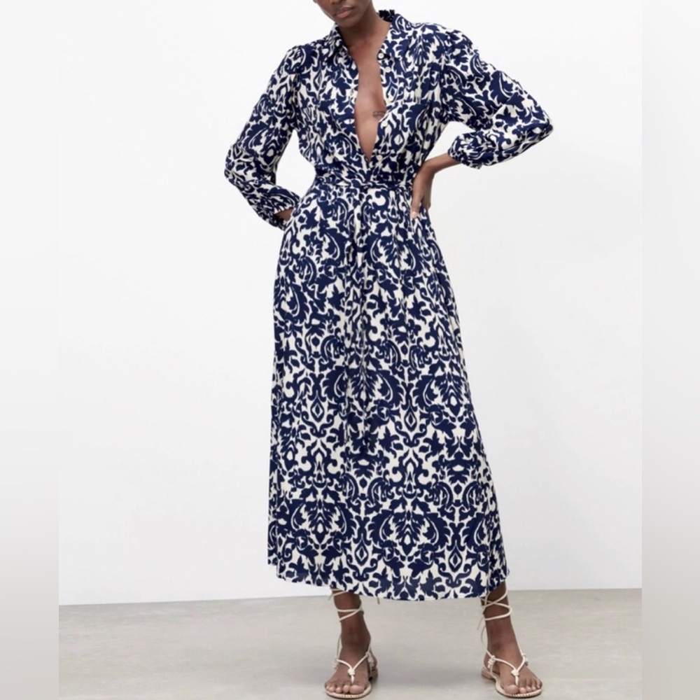 Zara Emilie Viscose Printed Damask Midi Dress Size M Navy White Long Sleeves